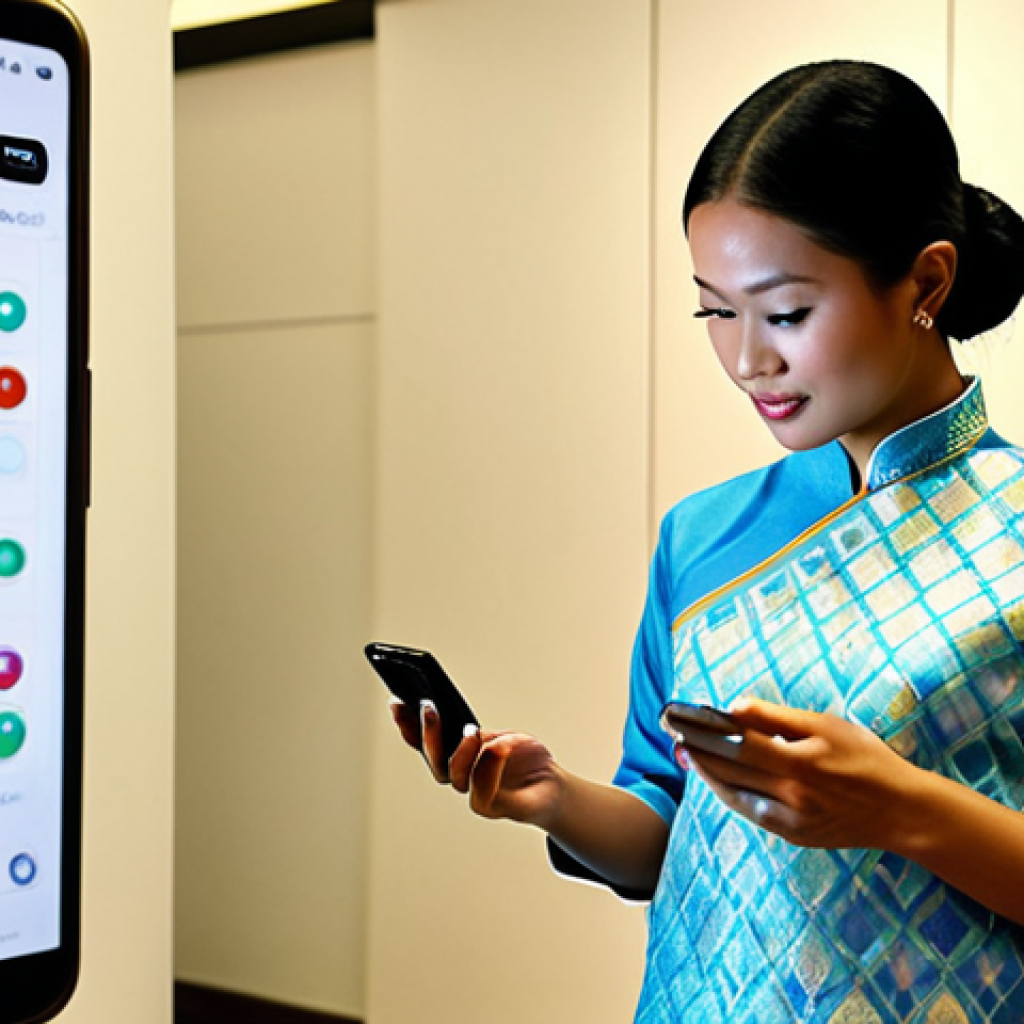 ** Smart textiles demonstration in Malaysia. A model wears a futuristic baju kurung that subtly changes color based on her body temperature, with vital health data displayed on a nearby smartphone. Focus on the blend of traditional Malay clothing with advanced technology, emphasizing the innovation in smart fabrics.

**