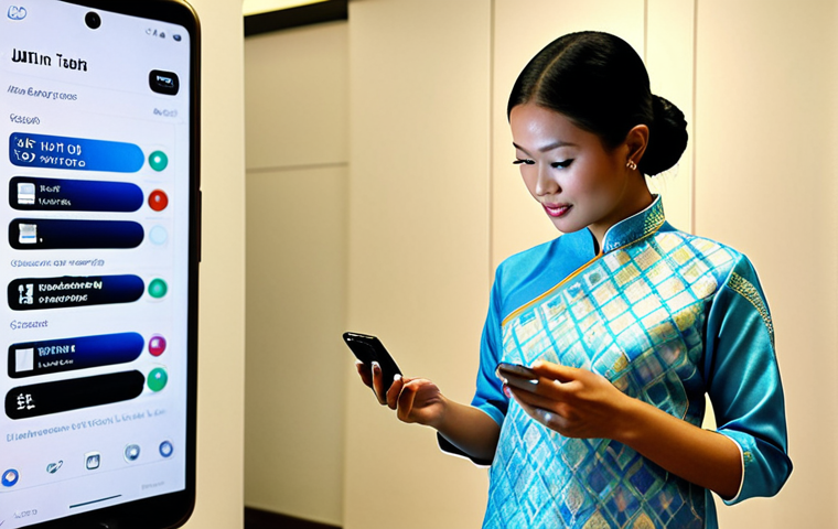 ** Smart textiles demonstration in Malaysia. A model wears a futuristic baju kurung that subtly changes color based on her body temperature, with vital health data displayed on a nearby smartphone. Focus on the blend of traditional Malay clothing with advanced technology, emphasizing the innovation in smart fabrics.

**