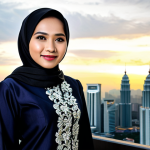 ** A professional Malay woman in a modest baju kurung, standing in front of a modern Kuala Lumpur skyline at sunset, fully clothed, appropriate attire, safe for work, perfect anatomy, natural proportions, professional photography, high quality.

**