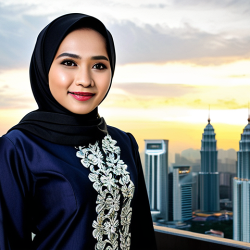 ** A professional Malay woman in a modest baju kurung, standing in front of a modern Kuala Lumpur skyline at sunset, fully clothed, appropriate attire, safe for work, perfect anatomy, natural proportions, professional photography, high quality.

**